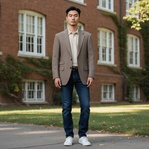 Vtg Stafford 44R Harris Tweed Wool Sport Coat Blazer Suede Elbow Patches Preppy